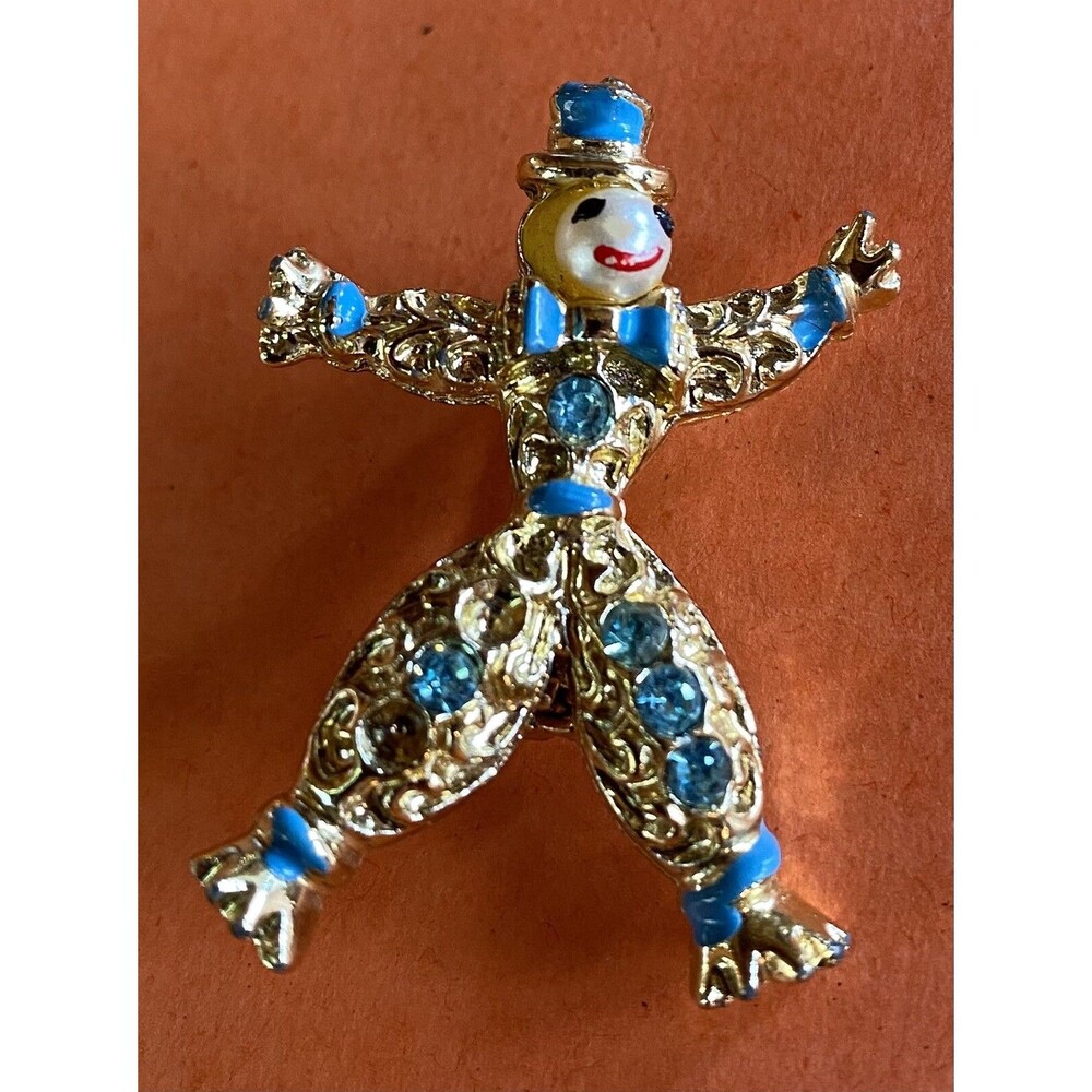 Women’s Brooch Pin Clown Gold Tone Blue Rhinestones 1.5”